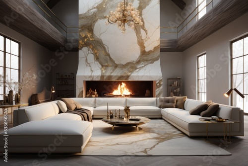 Living room in Calacatta Gold marble, renowned for its warm gold and gray veins, evoking opulence and grandeur.Generative AI © bluebeat76