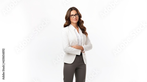 Businesswoman smiling at the camera. standing against white background.
