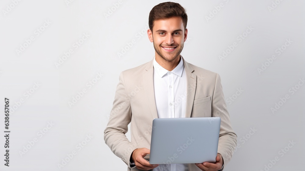 Handsome businessman is using his laptop and smiling at the camera. standing against white background. Handsome businessman is using his laptop and smiling at the camera. standing against white background.
