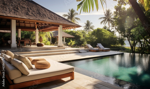 Pool in resort, terrace with sofas, nature and sun - AI Generator © Thalya