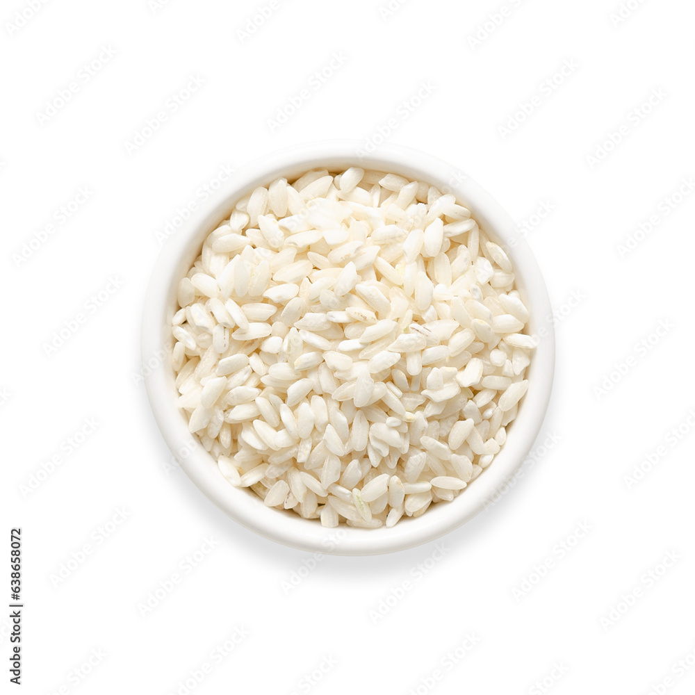 Carnaroli rice in a white bowl on transparent background. Square format. Top view. Carnaroli rice in a white bowl on transparent background. Square format. Top view.
