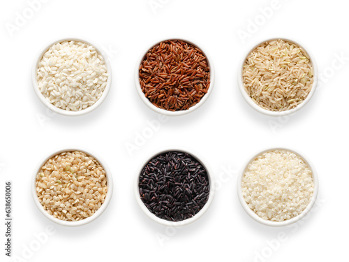 Six types of rice in white bowls on transparent background. Top view.
