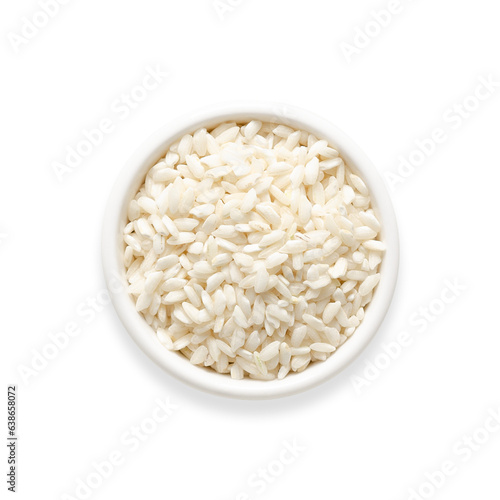 Carnaroli rice in a white bowl on transparent background. Square format. Top view. 