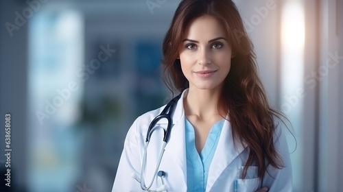 Smiling female doctor in a white coat reviews a patient's medical records on a computer in a modern clinic