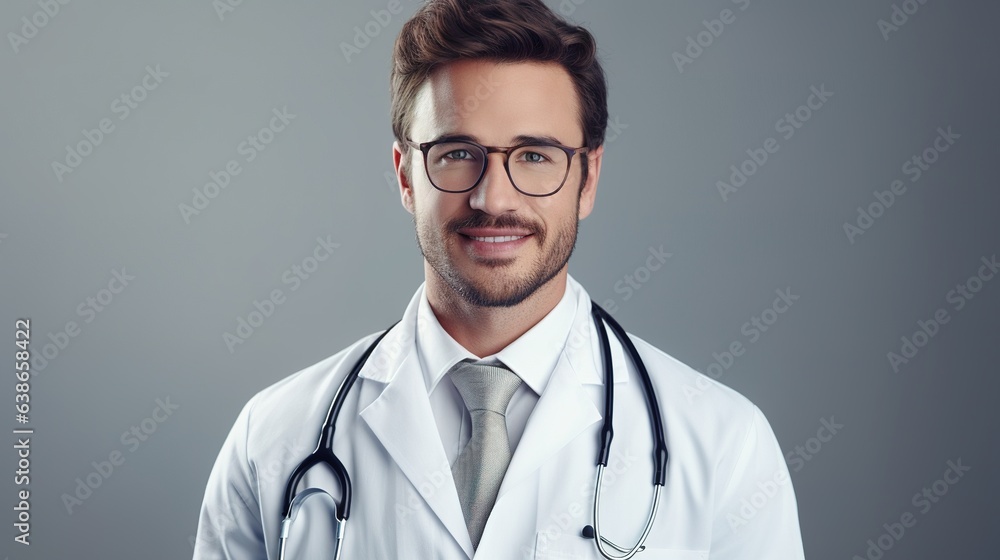 Professional doctor with stethoscope on gray background