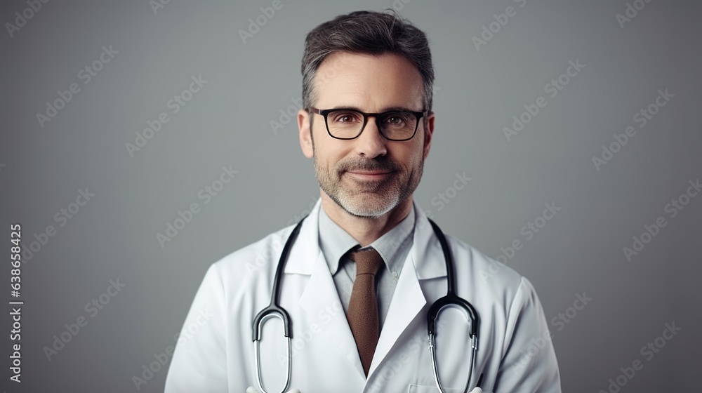 Fototapeta premium Professional doctor with stethoscope on gray background