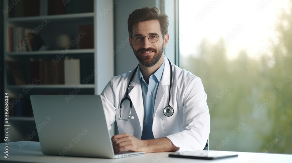 man doctor is working on a laptop computer on workstation