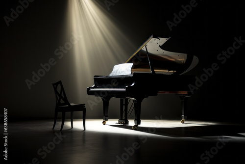 A piano in a dark room with ambient light. A concept of energetic, passionate music and art. 