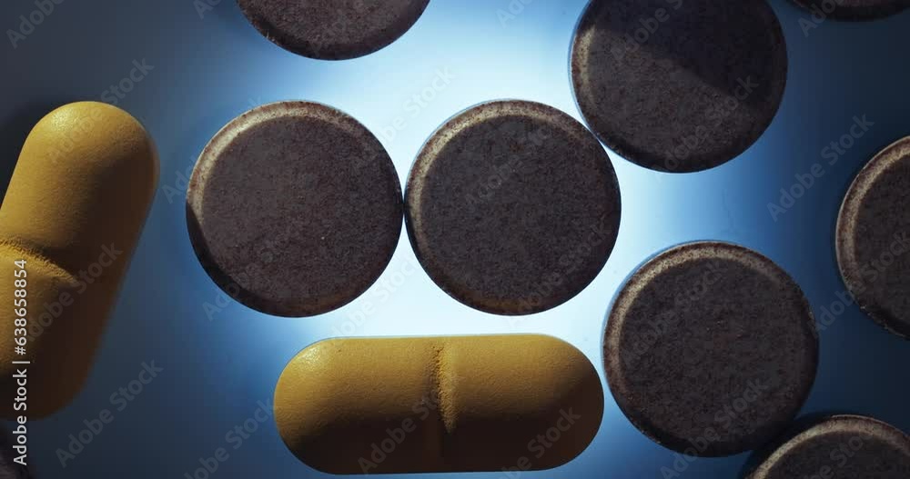 Drug pills spinning on a glowing tray Drug pills spinning on a glowing tray