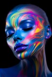 Woman face portrait with closed eyes and colorful paint, bright colors, neon make up