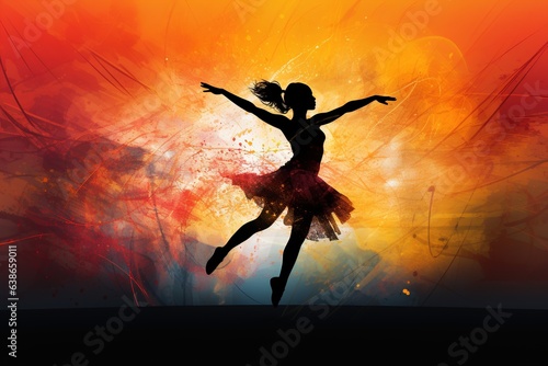 Silhouette of dancing girl on multi-colored background.