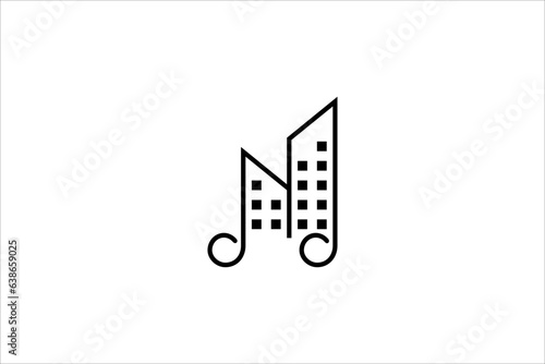 music city logo design with musical note shape and skyscraper building image