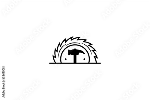 wood saw logo with hammer silhouette combination