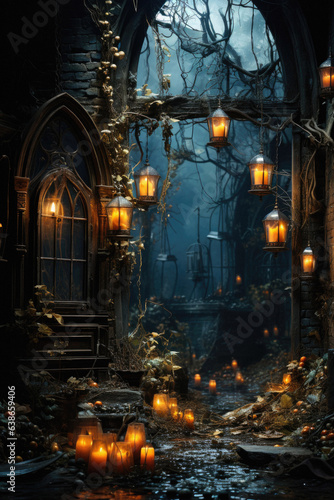 Halloween spooky background  scary pumpkins in old big creepy Happy Haloween ghosts horror house evil haunted castle scene. Creepy dark gothic mysterious night dark backdrop concept. 
