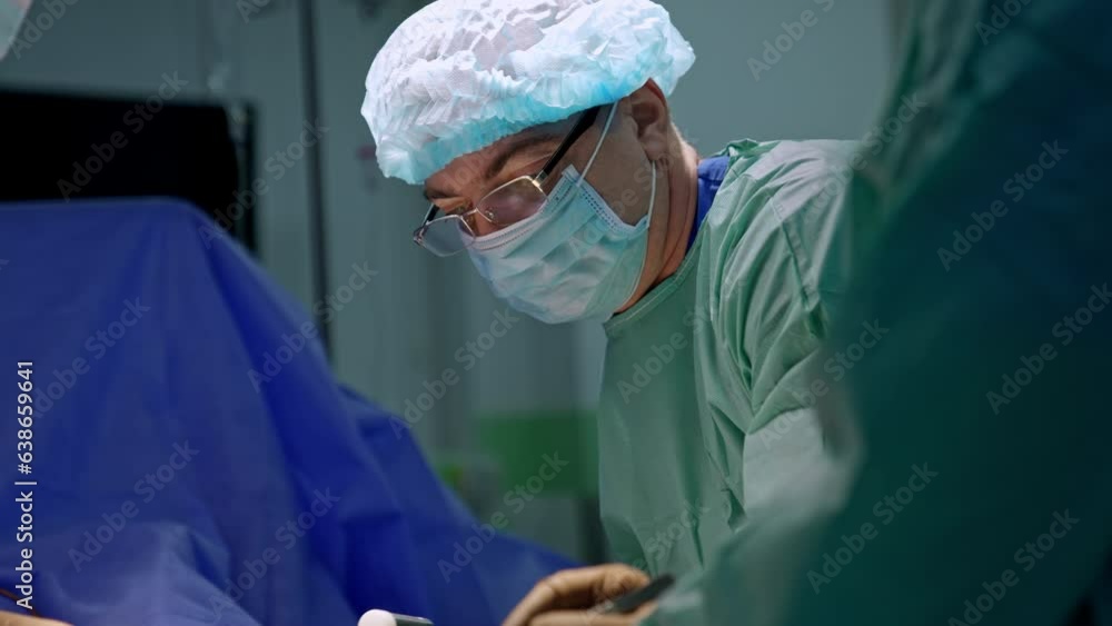 Orthopedic surgeon uses a metal mallet at operation. Focused doctor in eyeglasses, cap and mask close up portrait. Orthopedic surgeon uses a metal mallet at operation. Focused doctor in eyeglasses, cap and mask close up portrait.