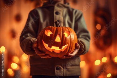 Cropped image of child's hands holding a jack-o-lantern. Halloween Pumpkin in boy's hands. Bokeh background. Celebrating Halloween at home.