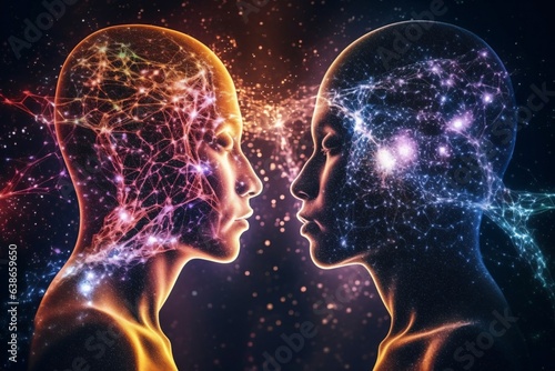 3D rendering of two female heads looking at each other with glowing network connection. Mind-Body connection.