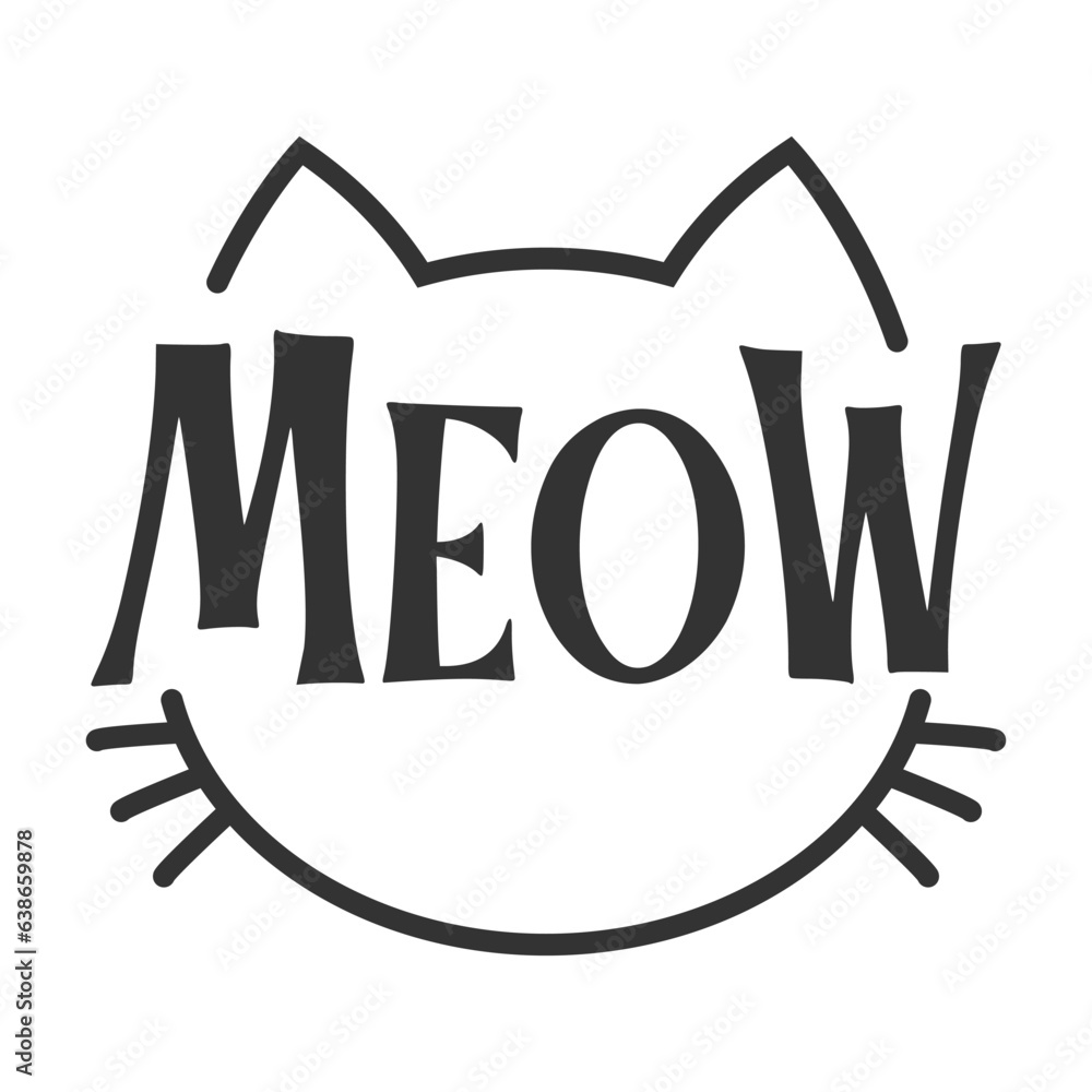 Meow lettering inside cat head pictogram, with ears and whiskers. Cute design for feline lovers and cat moms. Meow lettering inside cat head pictogram, with ears and whiskers. Cute design for feline lovers and cat moms.