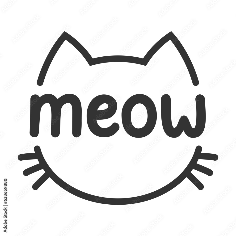 Meow lettering inside cat head pictogram, with ears and whiskers. Cute design for feline lovers and cat moms. Meow lettering inside cat head pictogram, with ears and whiskers. Cute design for feline lovers and cat moms.
