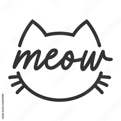 Meow lettering inside cat head pictogram, with ears and whiskers. Cute design for feline lovers and cat moms.