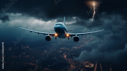 airplane fly at night cloudy sky with lightning,below city blurred light 