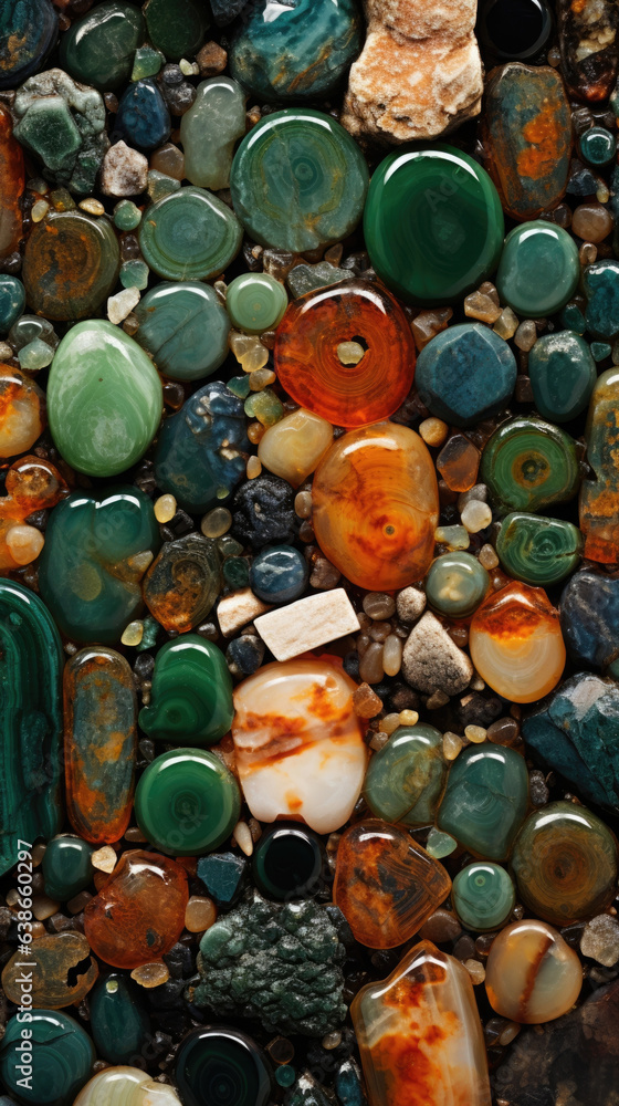 Fototapeta premium macro image reveals a vibrant array of microscopic minerals arranged into a captivating composition. Rich greens contrasted by hues of brown and sapphire make this