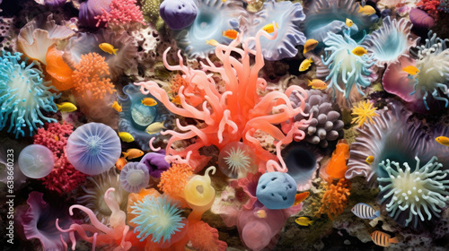 Macro image of a microbe niche reveals a colorful underwater ecosystem. Vibrant coral reefs populated with sponges and several varieties of anemones form the focus