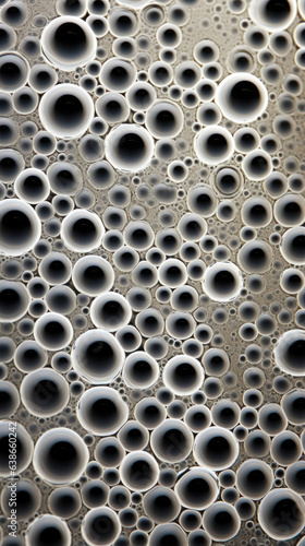 A macro image of yeast cells displays a stark contrast between the smaller darker dots along the cells outer edges and the inner white oval body. The cells are connected