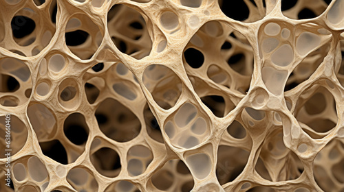 This microscopic image of bone cells reveals a delicate latticelike porous structure visible in shades of beige and offwhite against a dark backdrop. Lowmagnification