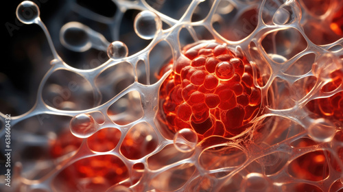 This macro image depicts tightlypacked microscopic cells in differing shades of chili red. The cells appear to be suspended in the air connected to one another with photo