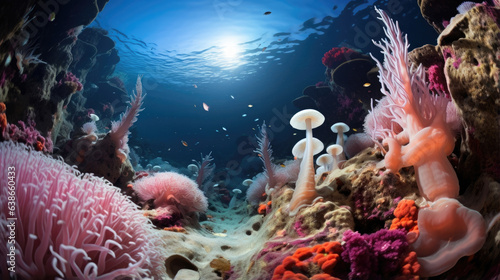 A twilight view of a Coral Reef which is the home of many varieties of protozoa. Small colonies of microscopic creatures swarms of amoebas and jellyfishlike beings photo