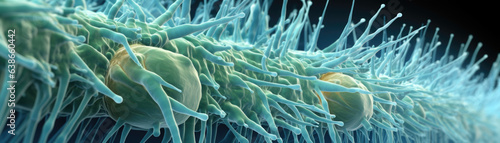 This macro image of a bacterial domain appears to have been taken from inside the nucleus. A variety of densely ed filaments of greenish and blueish hues can be