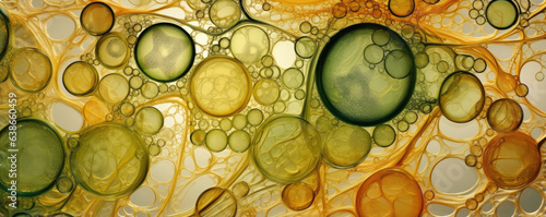 This closeup view of phloem cells shows the intricate details of its composition. The cells range in colors of brown yellow and green and can be seen displaying photo