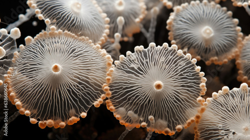 Aspergillus in a macro image reveals a stunning display of upsidedown cupshaped structures known as aeciospores. These protrude from the surface of the colony in photo