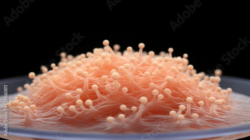This macro image shows an encapsulated Grampositive rodshaped microbe Streptococcus pneumoniae with a diameter of around 12 micrometers and a creamy peach color photo