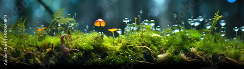 This microscopic forest is made up of a diverse array of plant life including small spindly trees and mossy groundcover that gently gives way to light. In the light