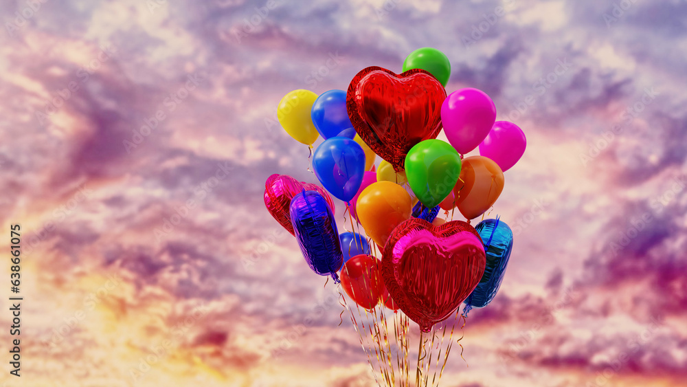 Colorful spherical and heart shaped metal and rubber helium balloons in the cute pink morning sky 3d illustration
Colorful spherical and heart shaped metal and rubber helium balloons in the cute pink morning sky 3d illustration