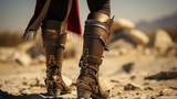 High boots cover her feet and a sy gauntlet guards her right wrist.