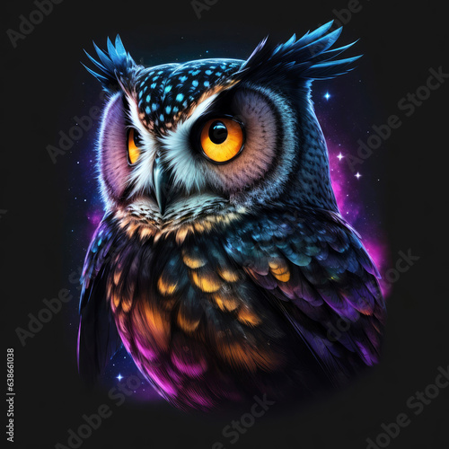 Cosmic owl illustration tshirt design and black background. Generative AI © designermetin
