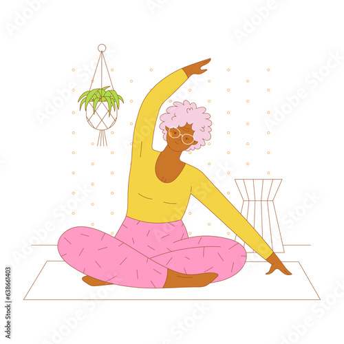 Elderly woman character sitting on the floor in yoga pose. Flat outlined colorful vector illustration.