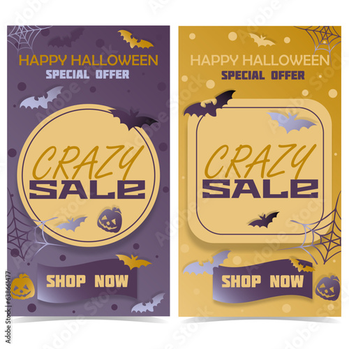 Happy Halloween - Crazy sale banner (special offer). Design of two flyers with colorful bats, pumpkins and spider web. Vector illustration