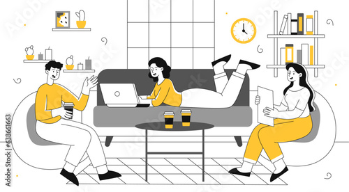 Friends talking indoor vector line