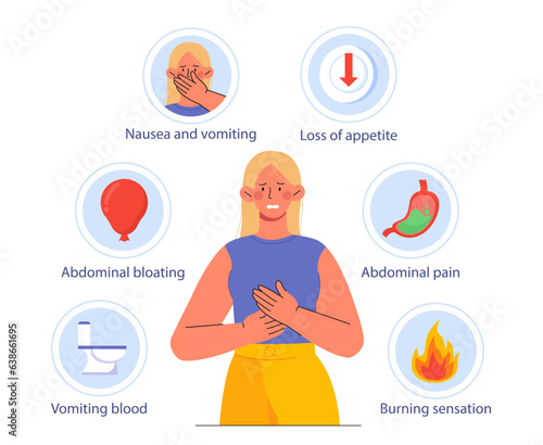 Woman with gastritis symptoms vector concept