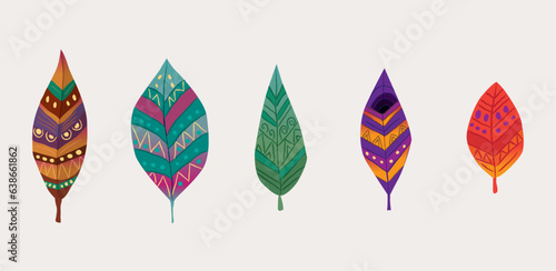 colored leaves happy colors. stylized leaves for decoration, backgrounds. tribal, wild, hippe style. nature art for backgrounds and artprints.