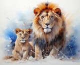 beautiful painting of lions, with watercolor splashes, in the style of nabis