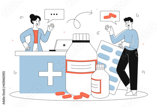 People at pharmacy vector line concept