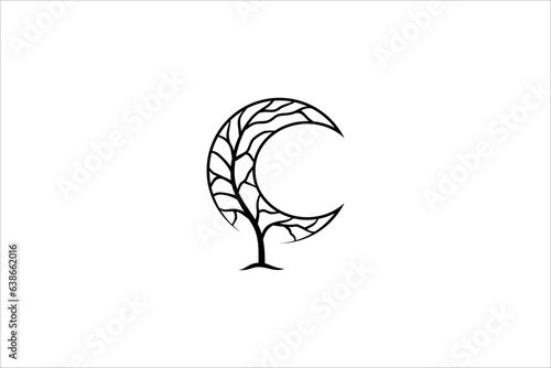 illustration of tree abstract logo design with crescent moon combination