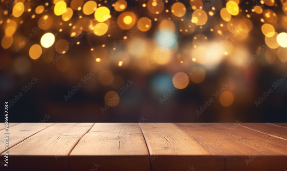 Empty wooden table with lights and blur - AI Generation Empty wooden table with lights and blur - AI Generation