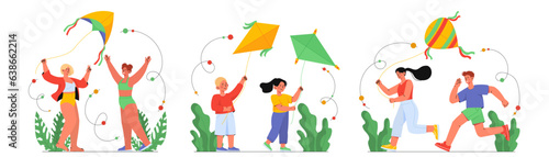 Set of kids with kites vector concept