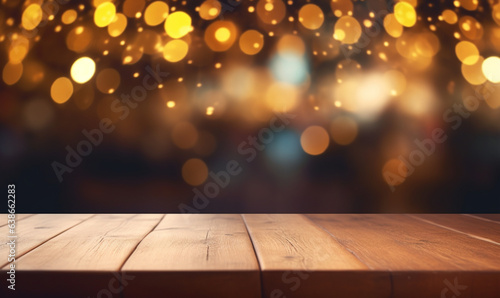Empty wooden table with lights and blur - AI Generation